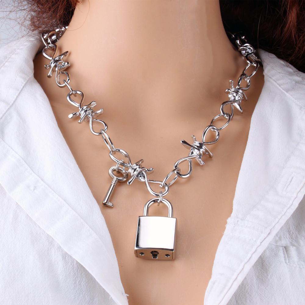 Jewelry punk retro thorn lock with key pendant necklace cool trendy accessories