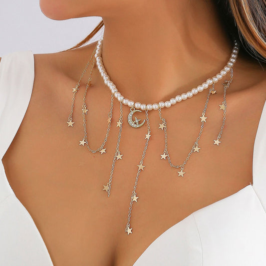 Minority Retro Imitation Pearl Clavicle Necklace Design Sense Diamond Moon Star Tassel Necklace Female