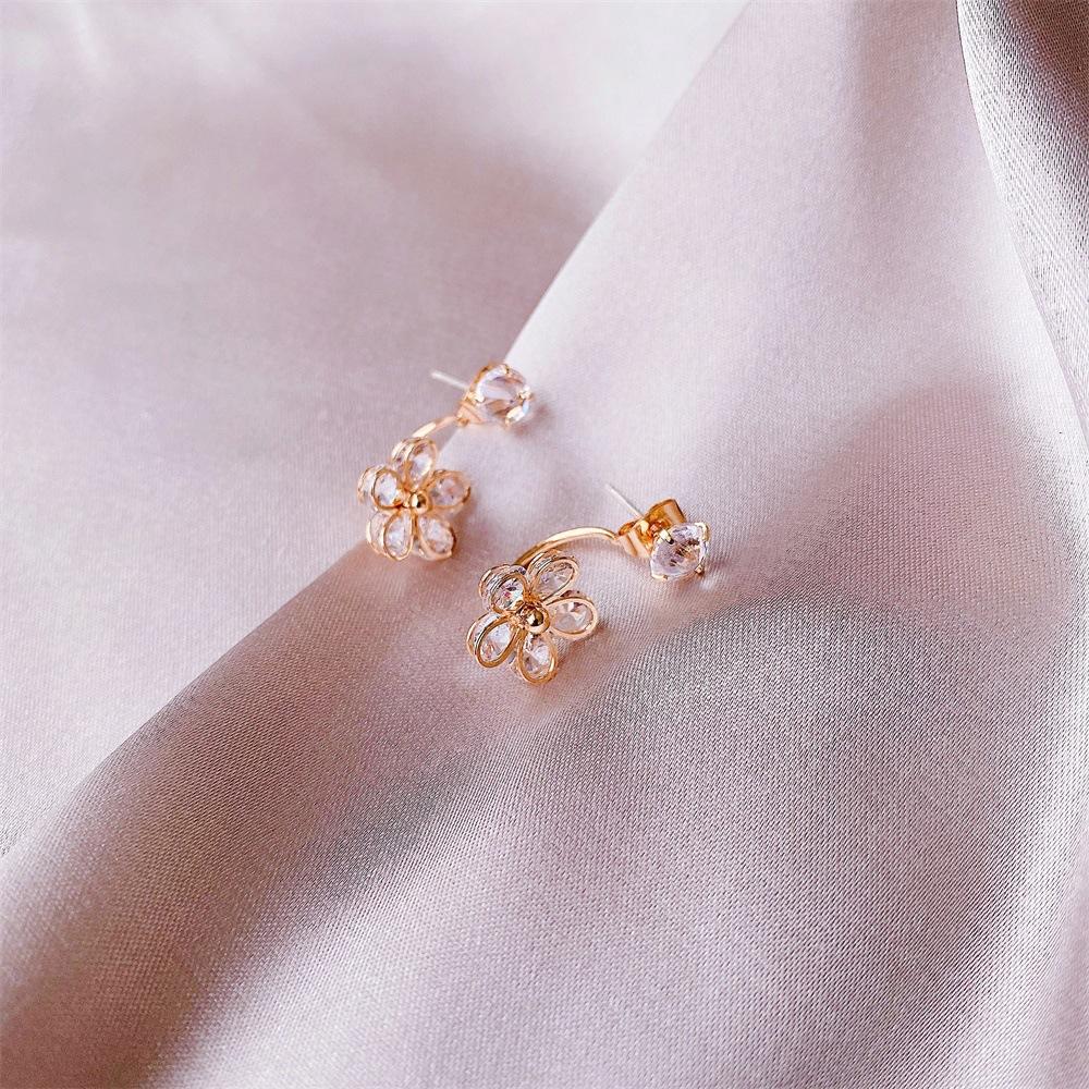 Ins cold five-petal flower back hanging earrings sweet crystal flower earrings net red earrings