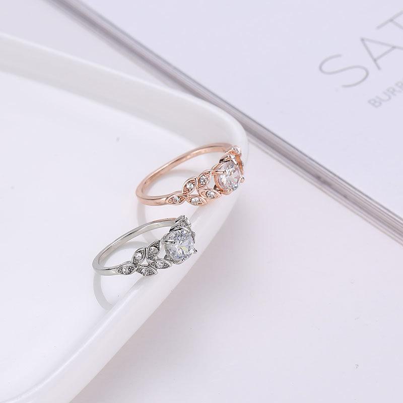 Temperament Diamond Feather Ring Leaf Zircon Ring Ladies Bridal Jewelry