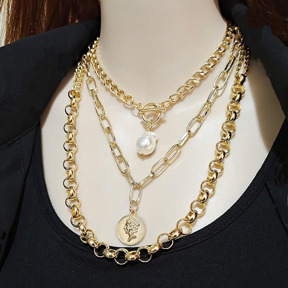 Punk street portrait coin pendant metal exaggerated thick chain butterfly multi-layer necklace