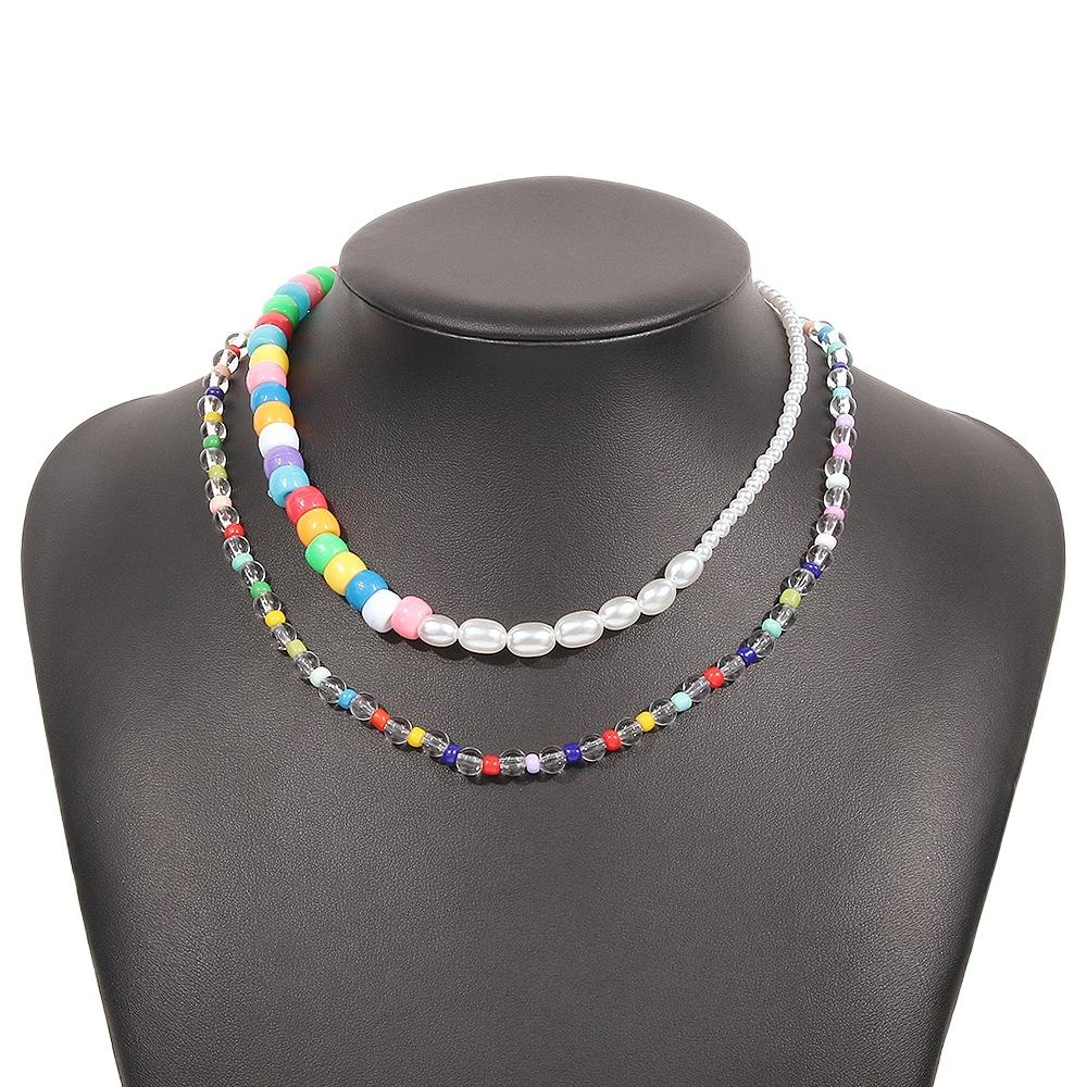 N9459 Bohemian Colorful Bead Necklace Imitation Pearl Resin Necklace Retro Hip Hop Double Layer Necklace for Women