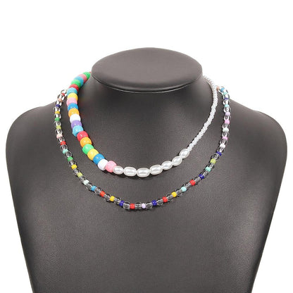 N9459 Bohemian Colorful Bead Necklace Imitation Pearl Resin Necklace Retro Hip Hop Double Layer Necklace for Women