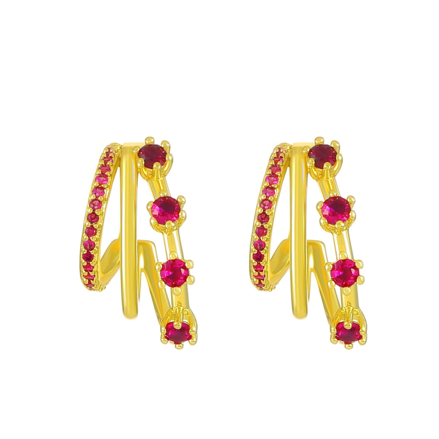 Explosive pink zircon earrings retro fashion niche design metal multi-layer C-shaped stud earrings temperament earrings