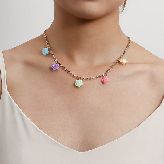 Jewelry ins diamond claw chain colorful flower necklace female choker advanced simple necklace