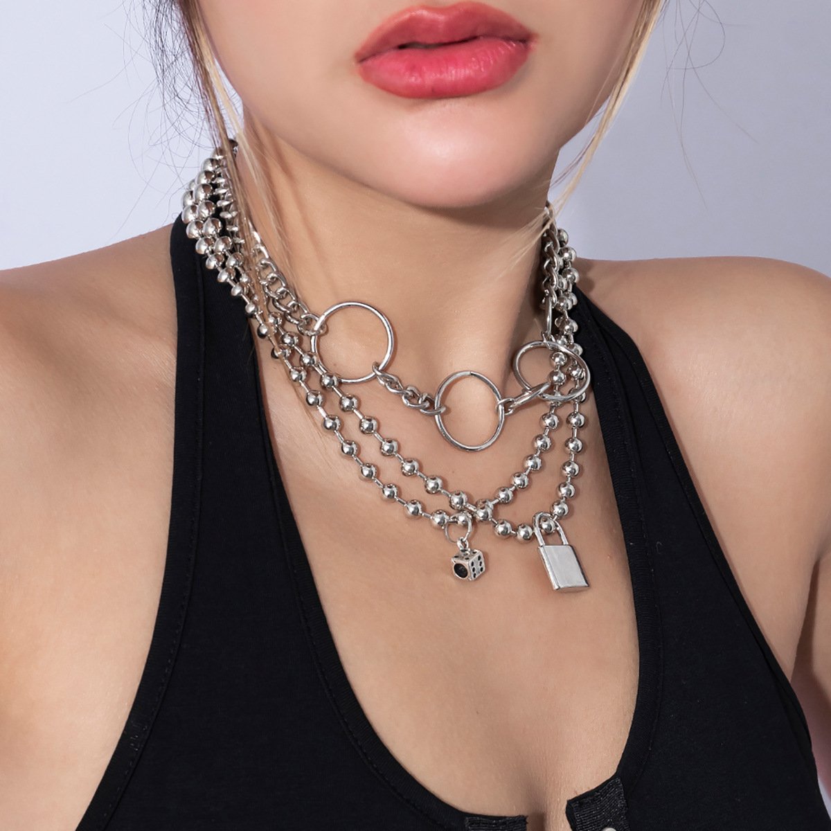 Jewelry irregular ring bead chain necklace punk mix and match dice lock multi-layer necklace female