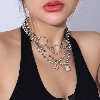 Jewelry irregular ring bead chain necklace punk mix and match dice lock multi-layer necklace female