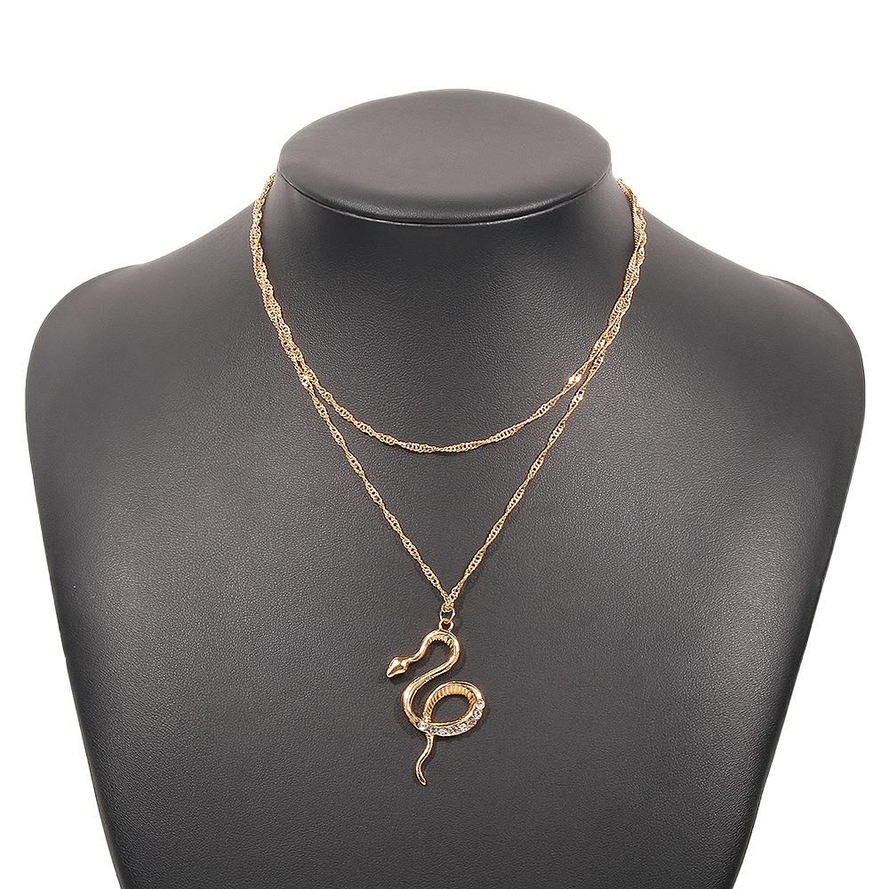 N8966 Retro Exaggerated Jewelry Zodiac Snake Temperament Double Necklace Glass Diamond Micro-Inlaid Geometric Necklace Female