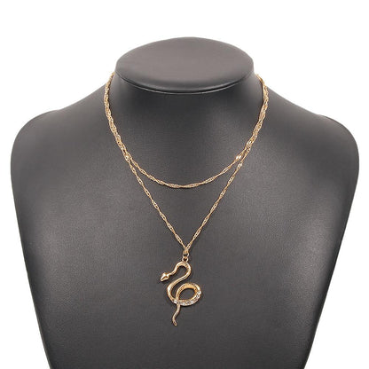 N8966 Retro Exaggerated Jewelry Zodiac Snake Temperament Double Necklace Glass Diamond Micro-Inlaid Geometric Necklace Female