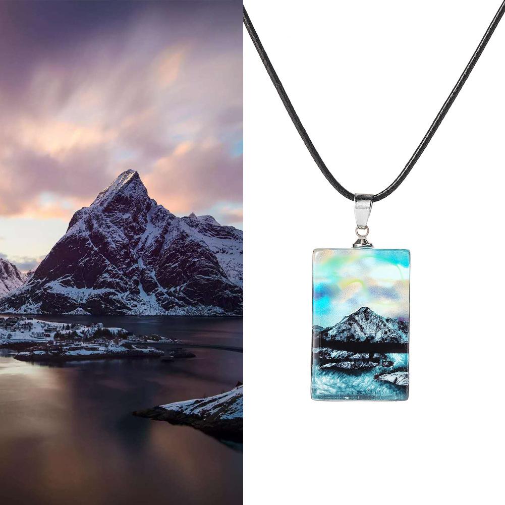 Creative Handmade Snow Mountain Lake Square Pendant Fashion Aurora Phantom Scenery Resin Wax Rope Necklace
