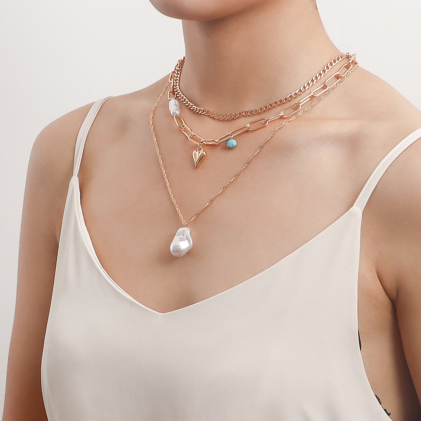 Jewelry trendy multi-layer special-shaped imitation pearl love pendant necklace female ins explosion