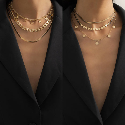 Fashion Simple Geometric Flat Snake Bone Chain Necklace Geometric Sequin Star Pendant Necklace Set