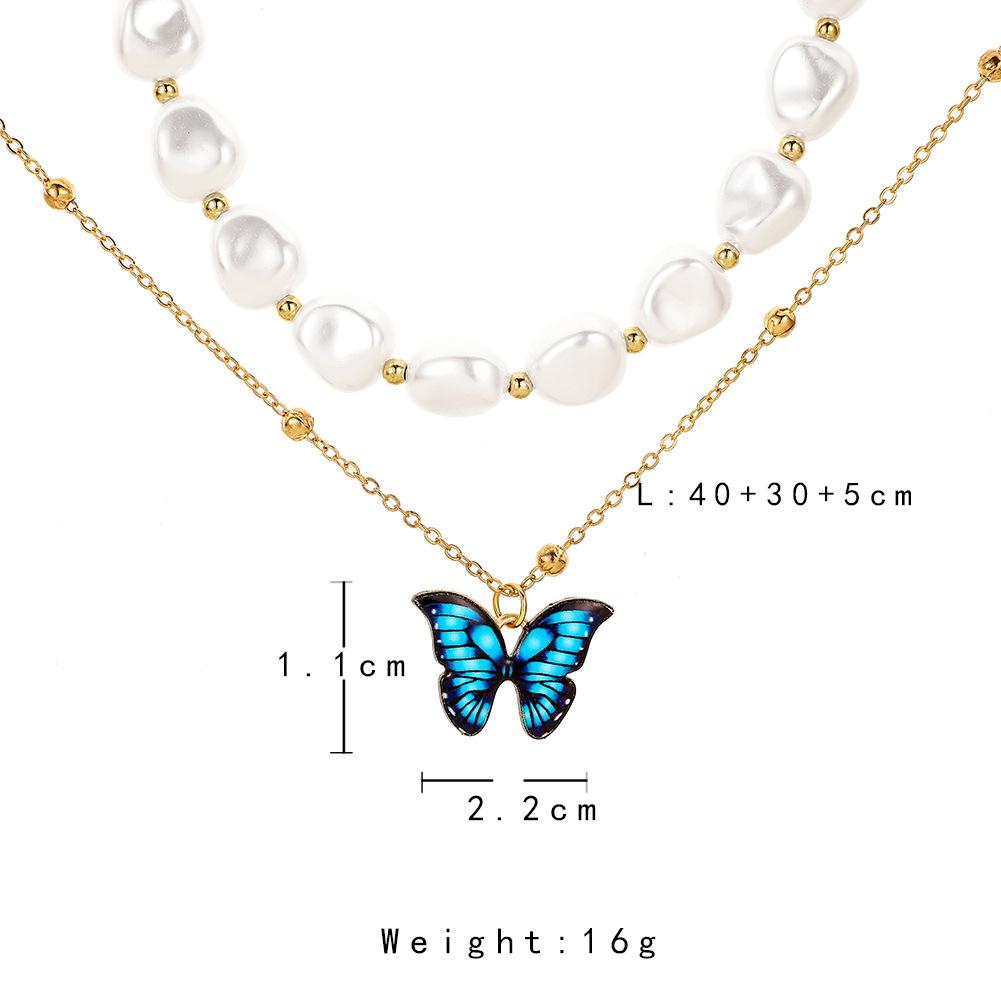 Niche Super Fairy Blue Butterfly Pendant Versatile Temperament Special Shaped Pearl Necklace Fashion Double Stacked Necklace