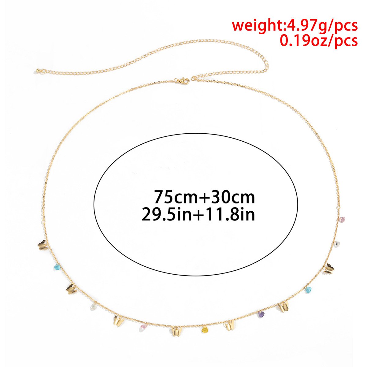 Retro Fashion Acrylic Heart Shape Crystal Butterfly Waist Chain Women Simple Metal Chain Body Chain