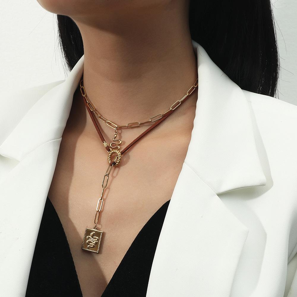 Stainless Steel Leather Rope Double Layer Necklace Small Snake Square Brand Totem Pendant Fashion Temperament Clavicle Chain Female