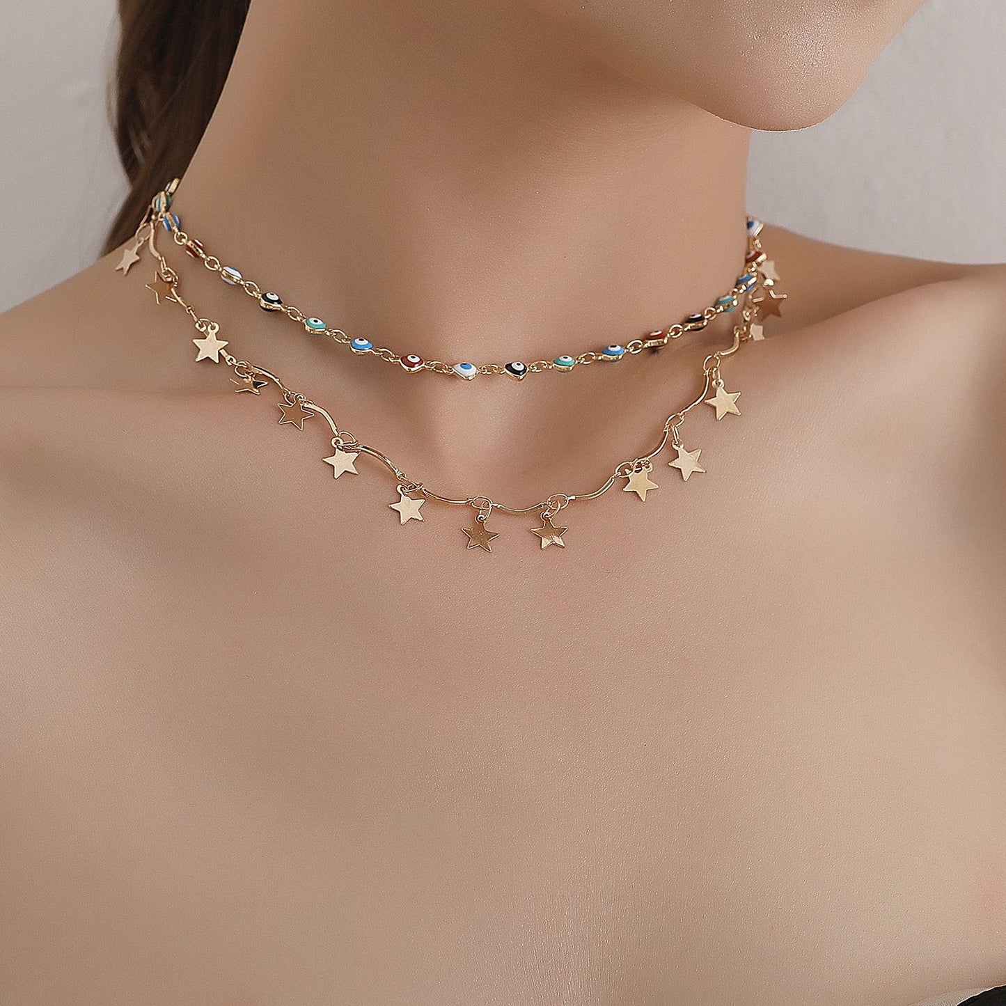 Jewelry Handmade Fashion Devil's Eye Necklace Female Simple Double-layer Pentagonal Star Pendant Necklace