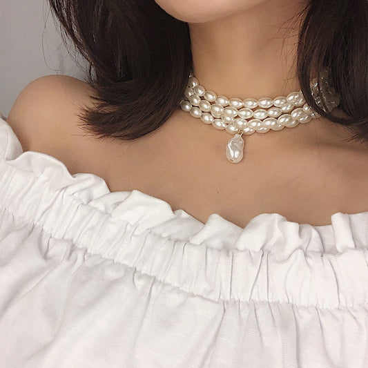 Jewelry Personality Versatile Geometric Beaded Necklace Simple Multi-layer Shaped Pearl Pendant Necklace Women