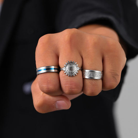 Punk hip-hop men's stainless steel stripe sun texture round suit ring titanium steel ring open ring