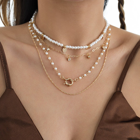 Jewelry Double Stacked Cross Chain Necklace Mix and Match Multiple Imitation Pearl Sequin Tassel Necklace