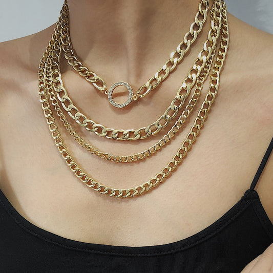 Jewelry Exaggerated Punk Trend Multilayer Necklace Fashion Diamond Circle Thick Chain Necklace Female