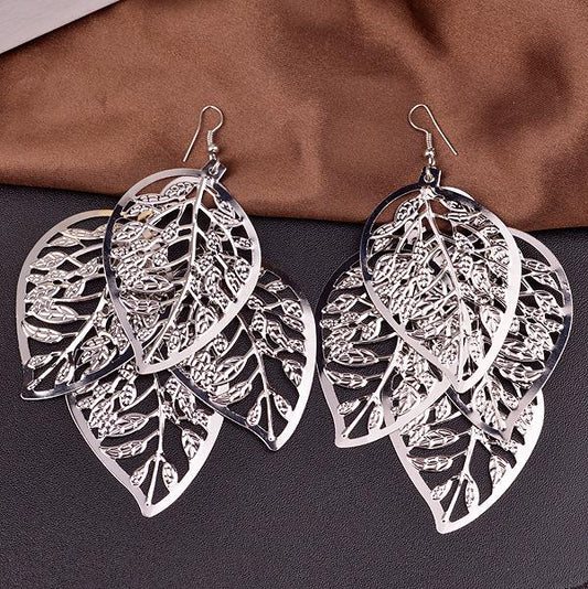 Multi-level Hollow Leaf Metal Earrings Temperament Ladies Party Earrings