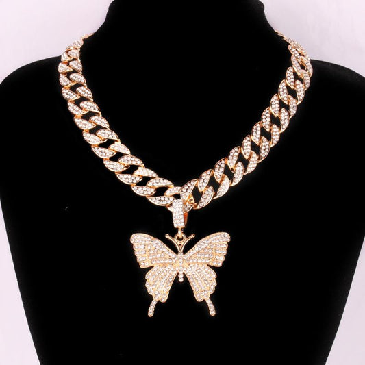 Necklace hip-hop trend ins diamond-studded butterfly Cubara big gold clavicle chain unisex