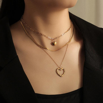Stainless Steel Gold Peach Heart Snake Bone Chain Sexy Light Luxury Heart Multilayer Necklace Titanium Steel Female Pendant Item Jewelry