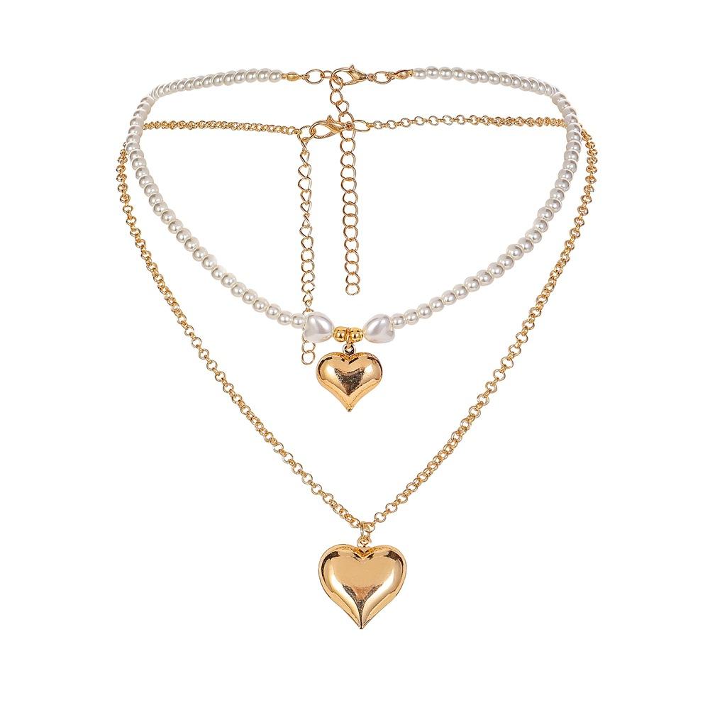 Fashion Simple Double Love Necklace Millet Beads Beaded Chain Pearl Necklace Clavicle Chain Women