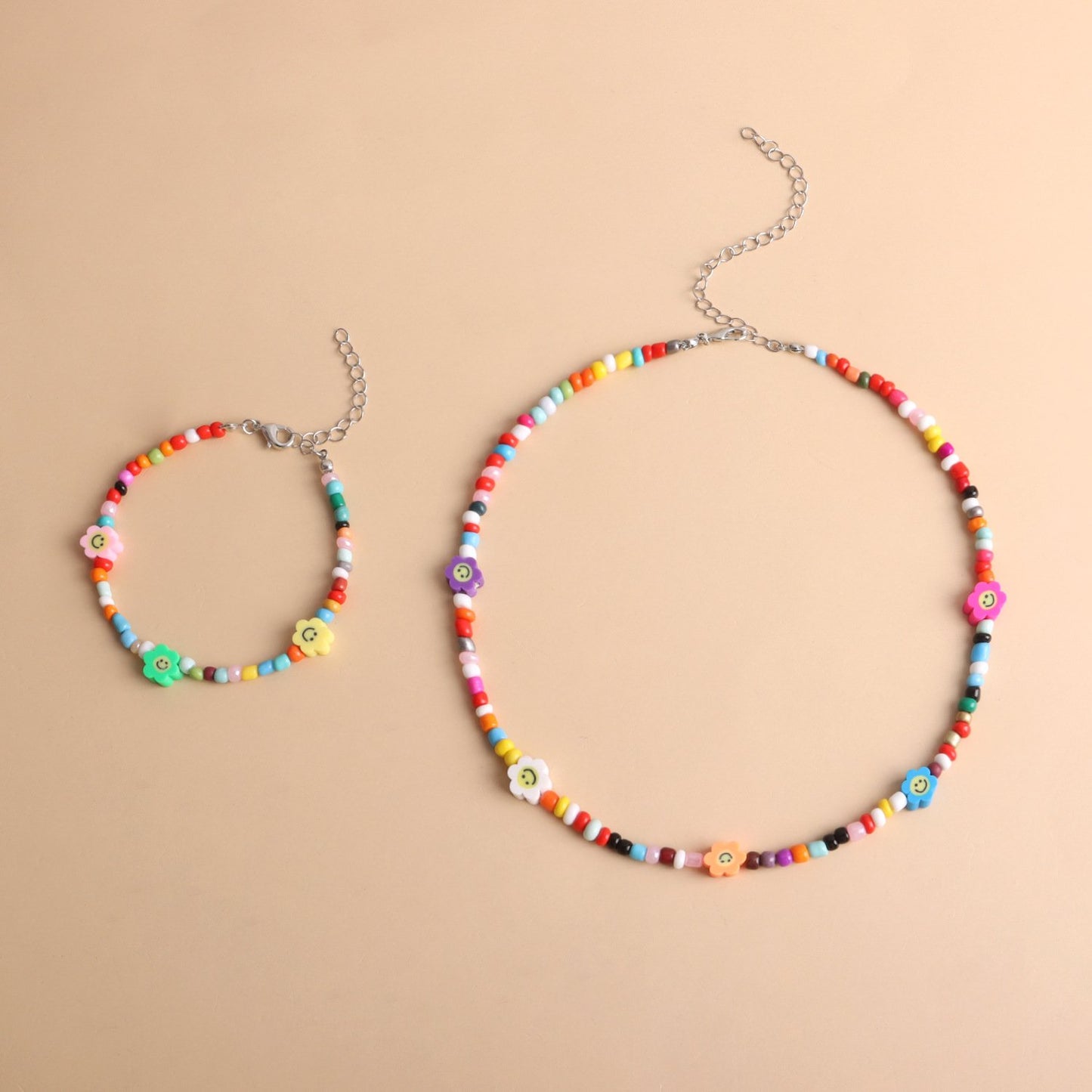 Jewelry Resin Soft Pottery Smiley Rice Bead Necklace Women's Fashion Color Rice Bead Bracelet Necklace Set