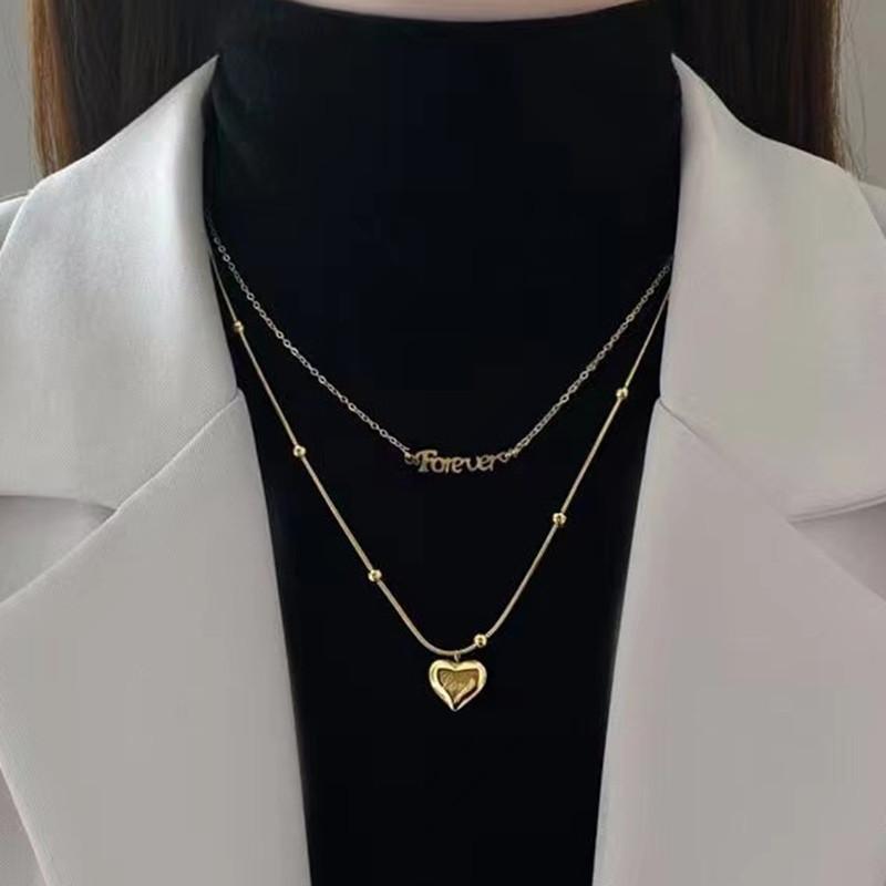 Titanium steel love necklace women's older style ins double-layer sweater chain autumn and winter niche design sense