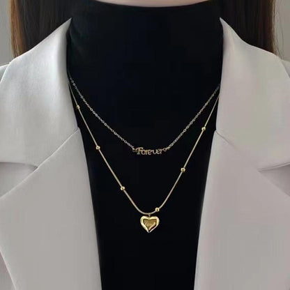 Titanium steel love necklace women's older style ins double-layer sweater chain autumn and winter niche design sense