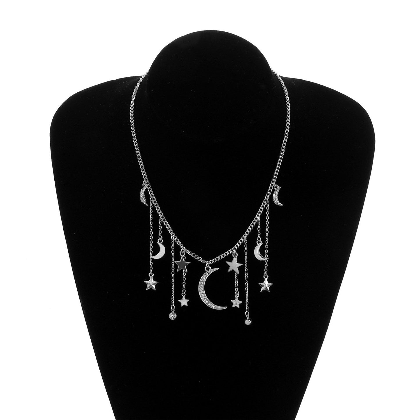 Jewelry Ladies Full Diamond Crescent Pentagram Pendant Necklace Rhinestone Tassel Short Sweater Necklace