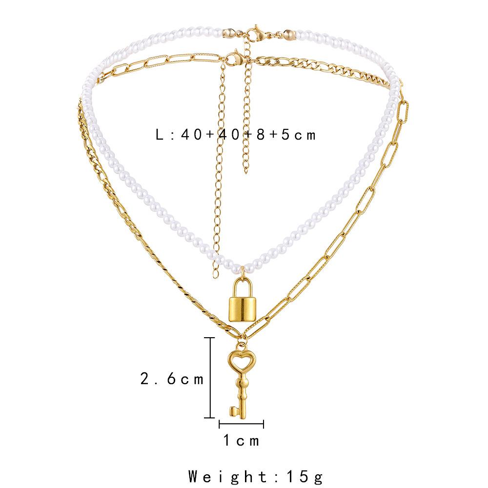 Fashion personality double stainless steel golden key concentric lock pendant pearl necklace female jewelry