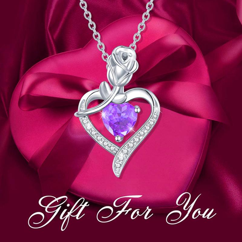 Fashion Women Rose Flower Heart Shape Diamond Pendant Necklace Mother's Day Gift Jewelry