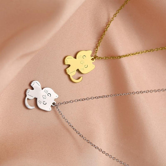 Dongdaemun Fashion Personality Titanium Steel Necklace Female Cute Kitten Girl Pendant Simple Design Clavicle Chain