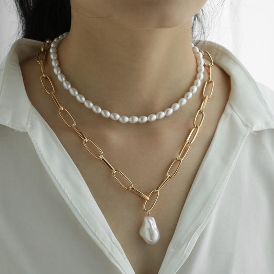 ins retro Baroque special-shaped pearl pendant simple metal double-layer pearl temperament choker necklace