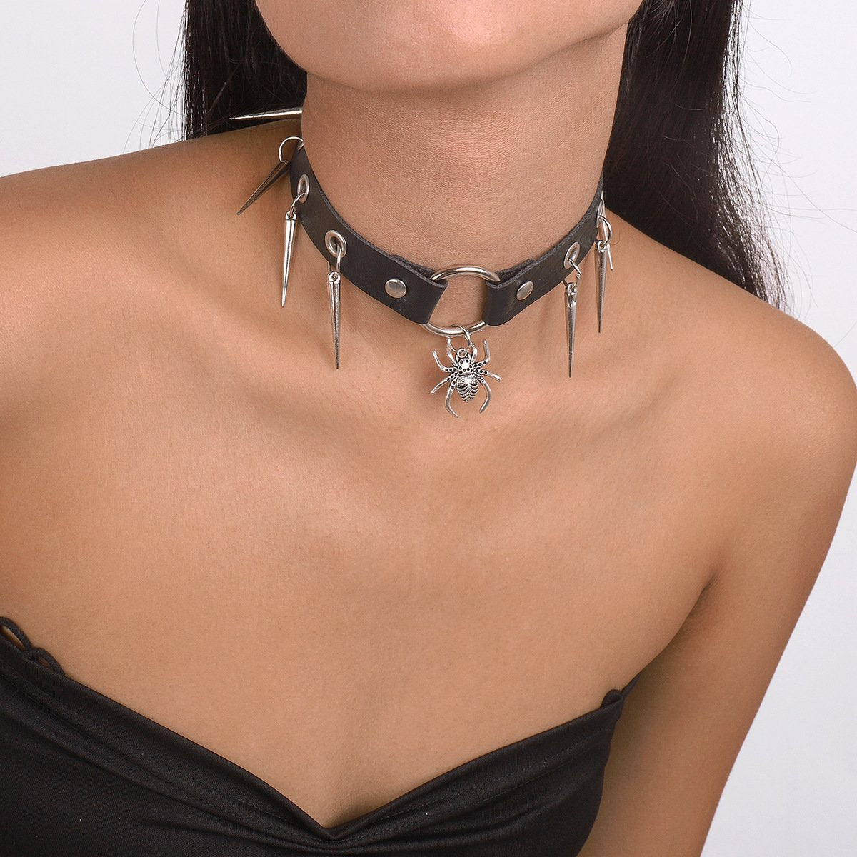 N163 Punk Rock Fan Necklace Gothic Leather Hip Hop Snake Rivet Bondage Collar Clavicle Chain