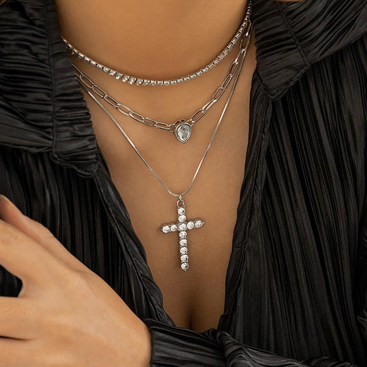 Jewelry Hip Hop Trendy Diamond Cross Necklace Set Fashion Metal Chain Clavicle Necklace
