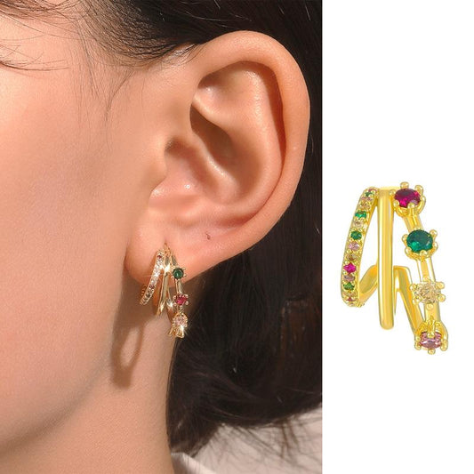 Explosive pink zircon earrings retro fashion niche design metal multi-layer C-shaped stud earrings temperament earrings