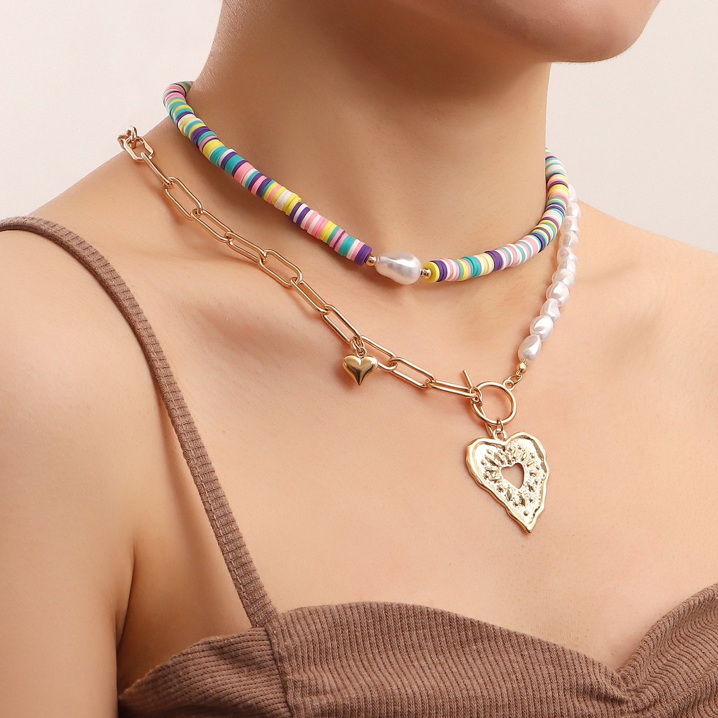 Jewelry Bohemia colorful soft pottery piece imitation baroque pearl exaggerated love necklace necklace female