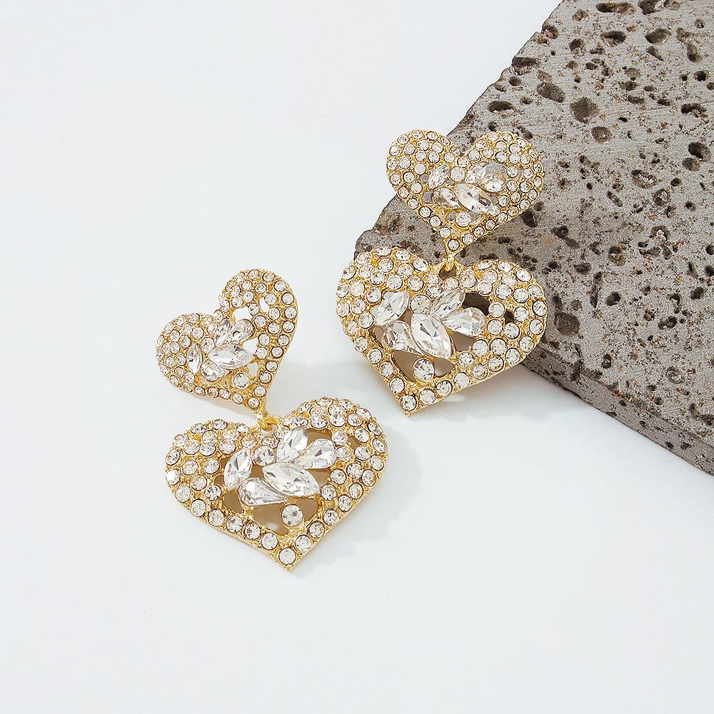 E1286 Exaggerated Earrings Women's Double Love Diamond Light Luxury Earrings Fashion Hong Kong Retro Personality Earrings