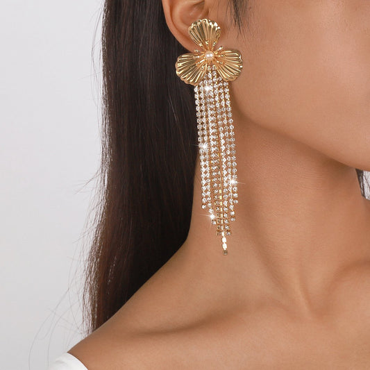 193 Exaggerated Long Earrings Claw Chain Tassel Rhinestone Temperament Light Luxury Earrings Sweet Cool Flower Earrings