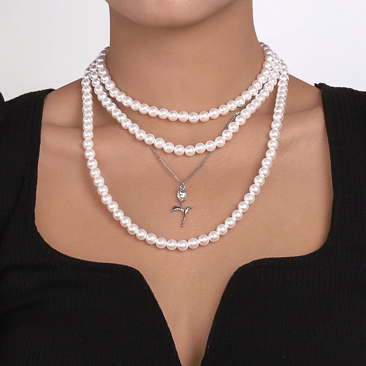 N1475 French light luxury romantic rose necklace imitation pearl stacked with personality temperament lady collarbone necklace