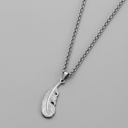 Niche design high-end men's simple personality stainless steel feather necklace versatile fashion titanium steel pendant