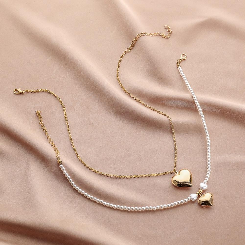 Fashion Simple Double Love Necklace Millet Beads Beaded Chain Pearl Necklace Clavicle Chain Women
