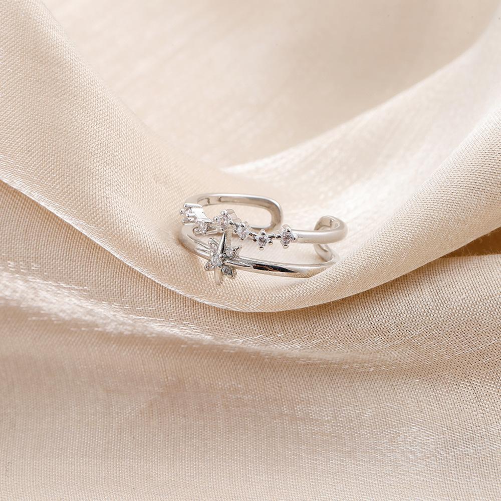 Sweet Diamond Star Copper Micro-Inlaid Open Ring French Design Ladies Super Fairy Irregular Ring