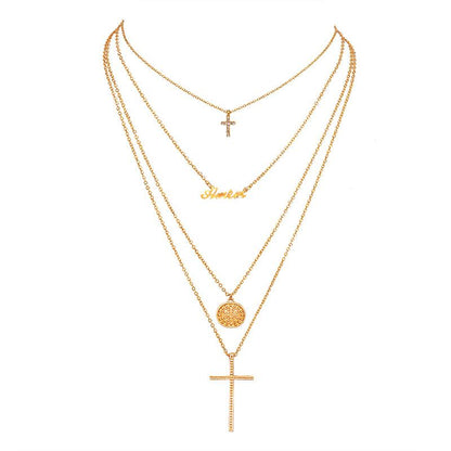 Fashion multi-layer geometric disc English diamond cross necklace jewelry