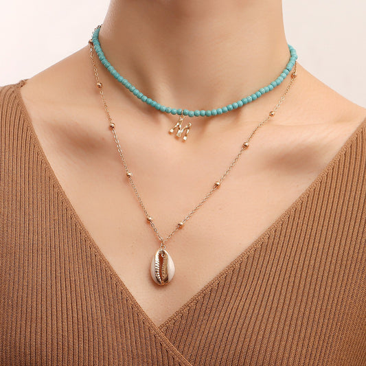 Jewelry fashion double-layer turquoise necklace shell pendant necklace female ins letter M necklace