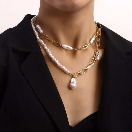 Jewelry double-layer paper clip chain special-shaped pearl pendant necklace female trend Xiaoxiang female necklace