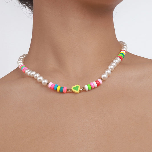 N9966 Bohemian Ethnic Necklace Imitation Pearl Soft Pottery Colorful Necklace Leisure Vacation Pendant